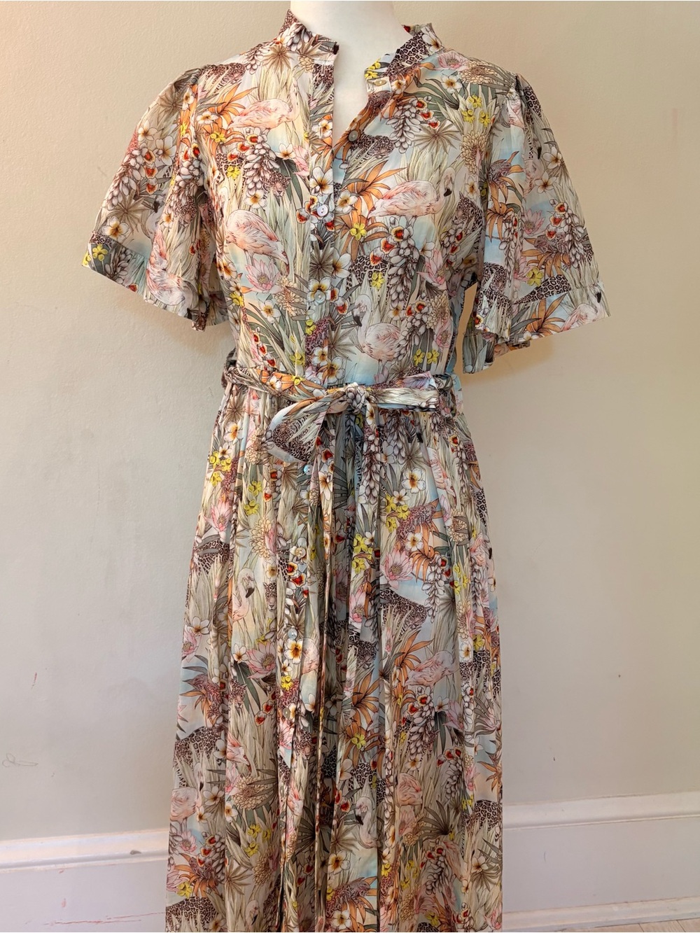 Stellah Safari Floral Belted 100% Cotton Midi Dress - Pink, Green & Yellow Sz XS